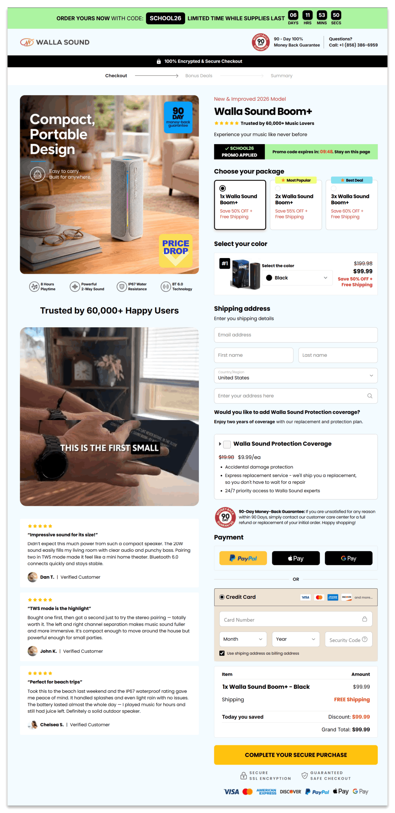 Walla Sound Boom Speaker Secure Checkout Page